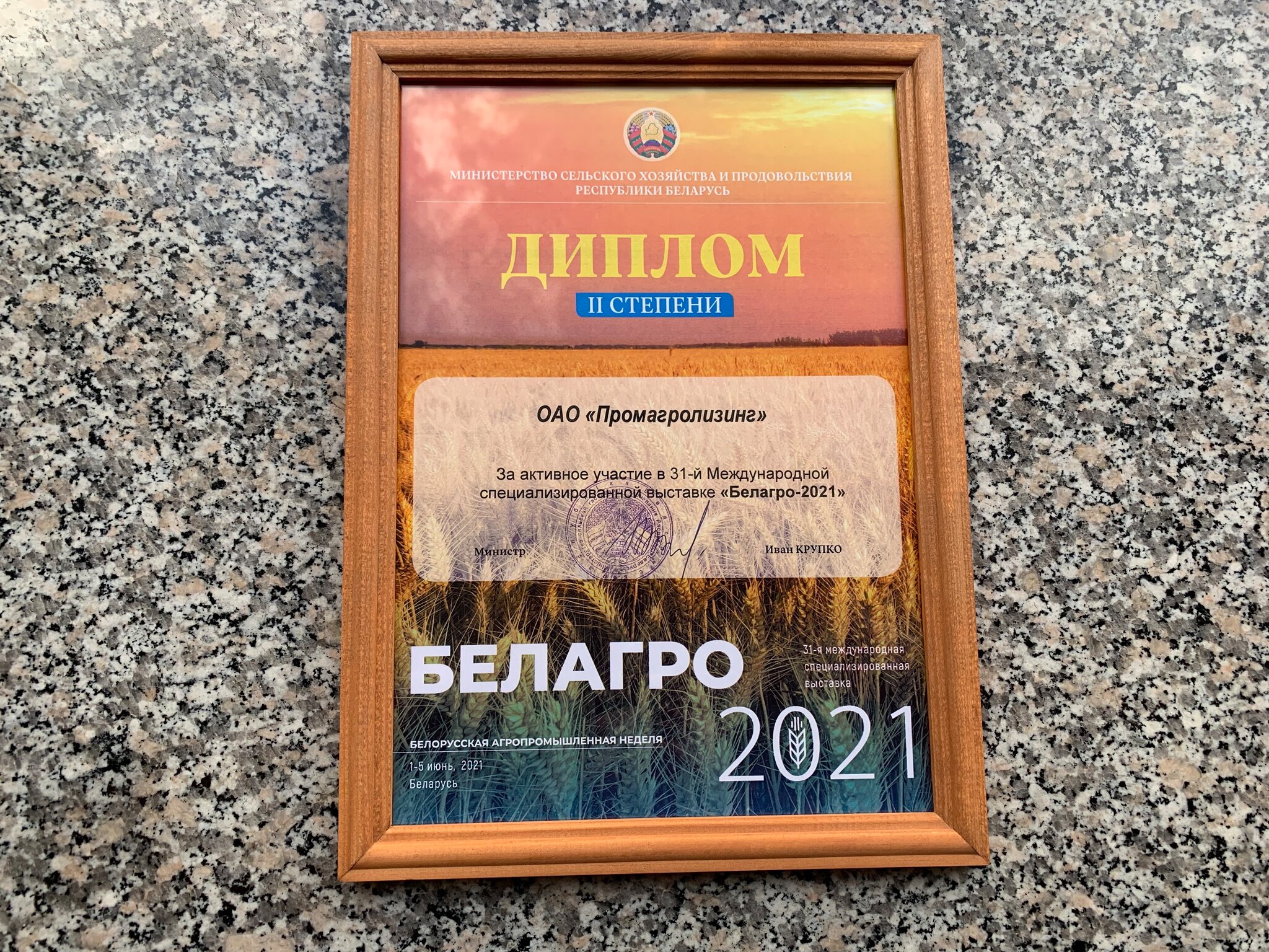 Диплом II степени ОАО "Промагролизинг" за активное участие в 31-й международной специализированной выставке «Белагро-2021»